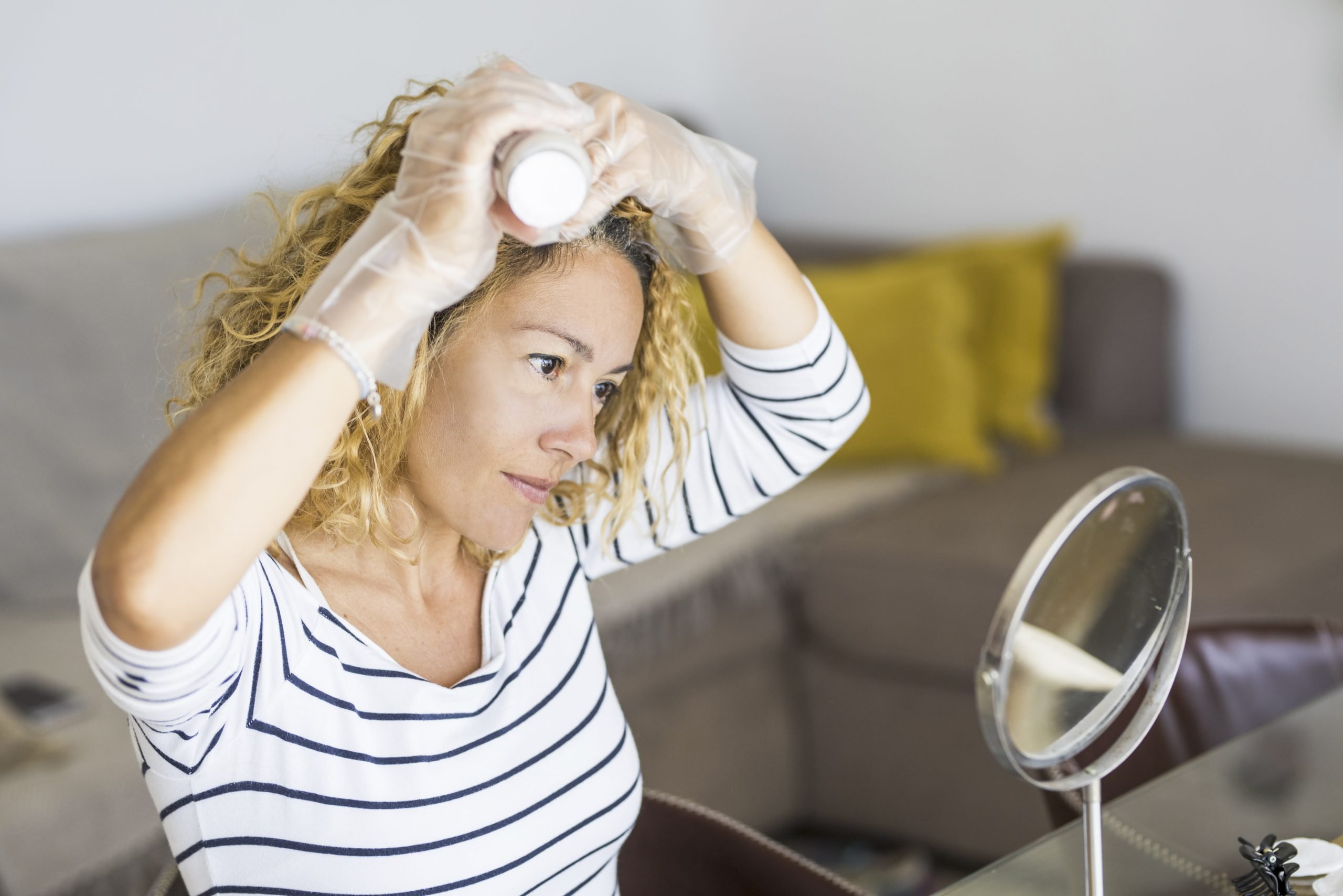 Home made hair dye at home for beauty young caucasian woman look