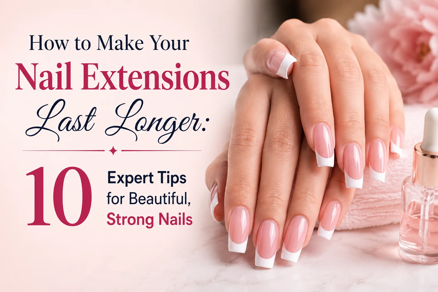 Woman with elegant nail extensions showcasing expert nail care tips for beautiful and strong long-lasting nails.