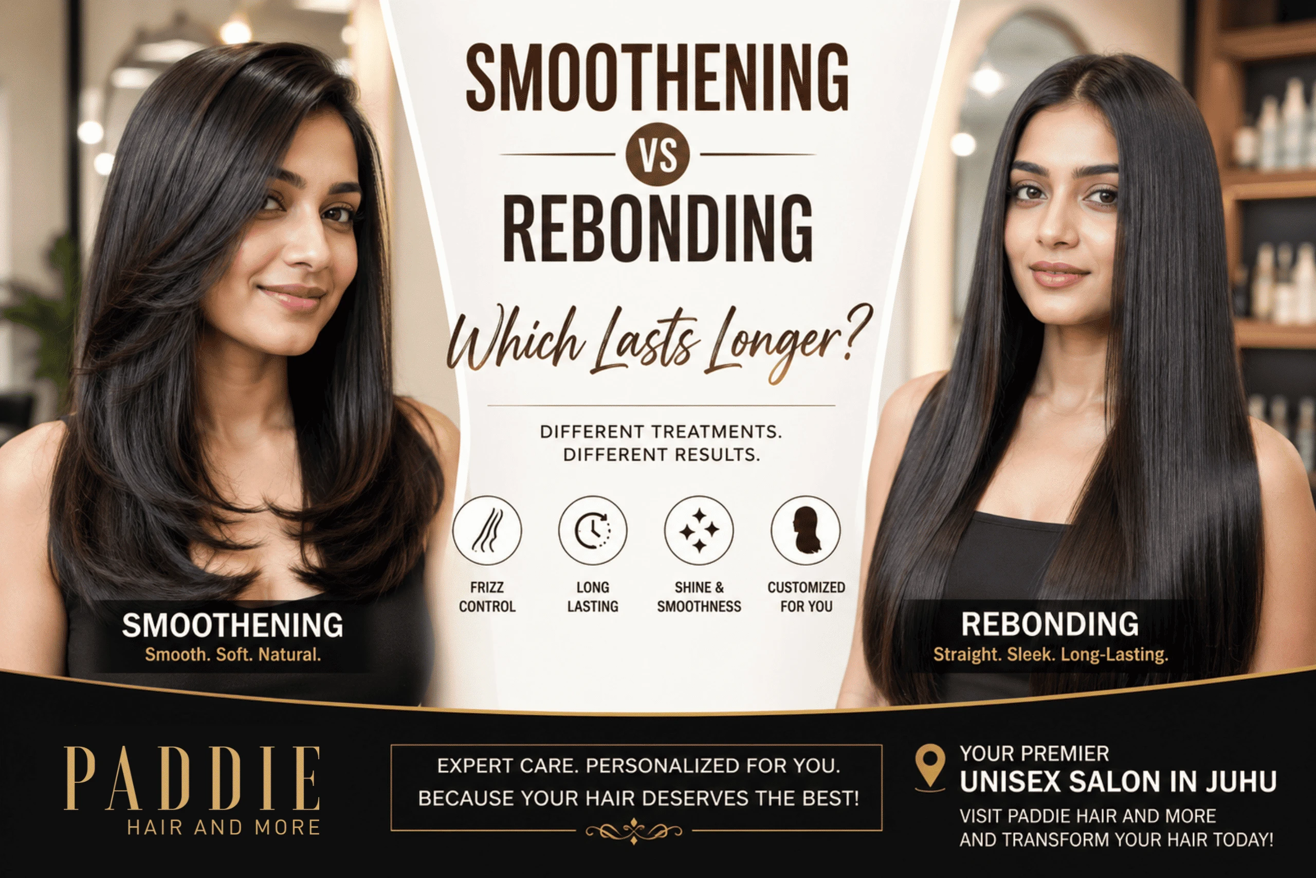 Hair smoothening treatment with long, smooth, glossy brown hair shown from the back
