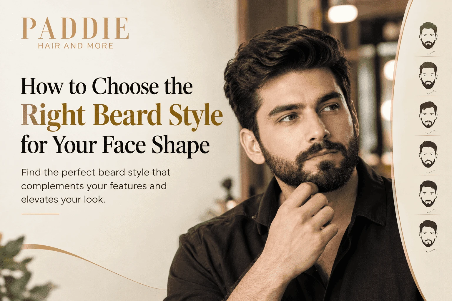 How to choose the right beard style for your face shape, featuring a well-groomed man with a full beard in a premium salon setting by Paddie Hair and More.
